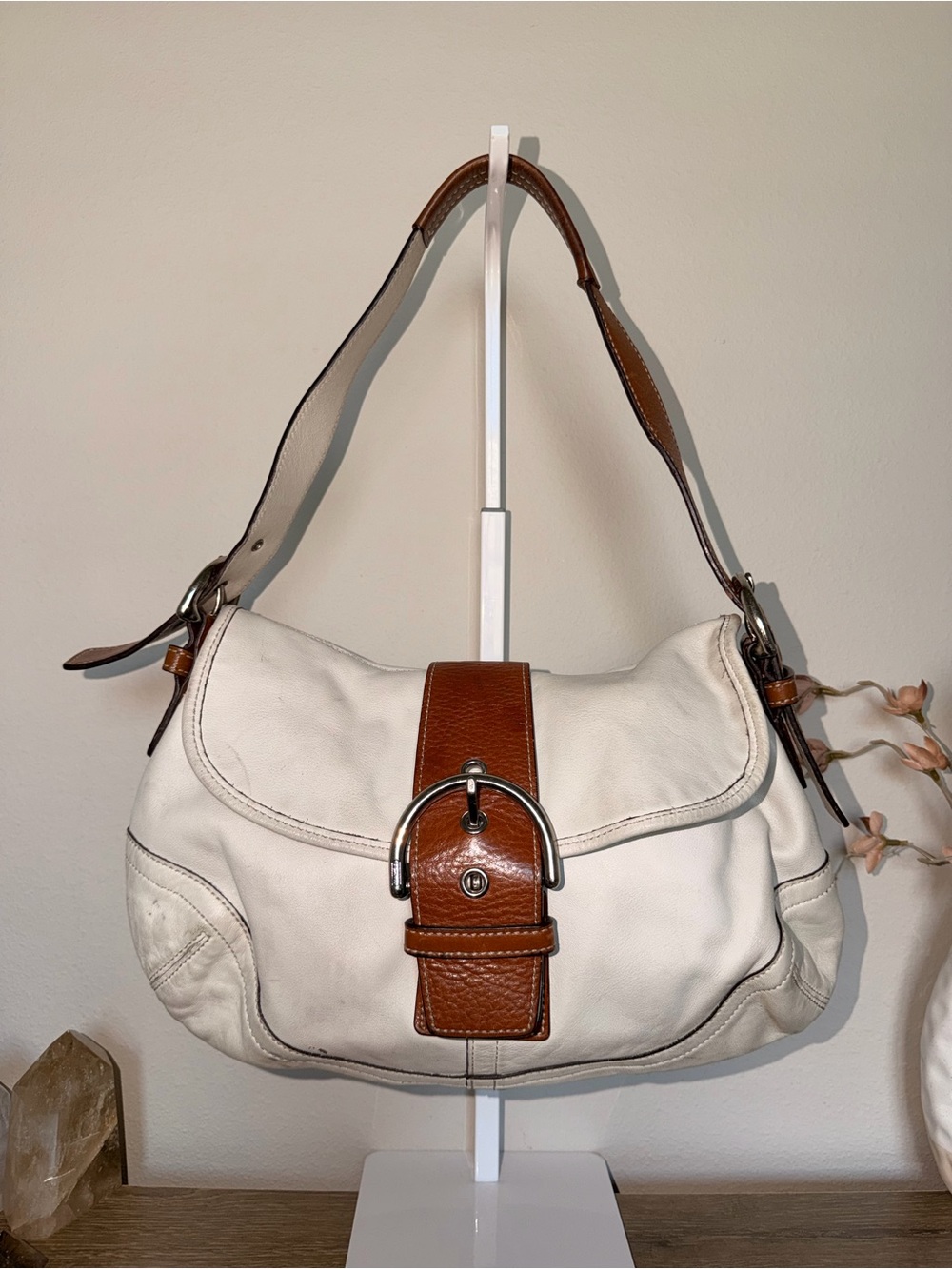 Coach White and Brown Leather Shoulder Bag with buckle detail